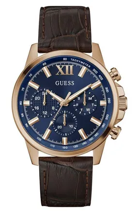 Guess Walker Blue Dial Multifunction Leather Strap Watch, 44mm in Brown at Nordstrom