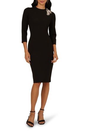 Adrianna Papell Floral Appliqu&eacute; Crepe Sheath Cocktail Dress in Black at Nordstrom, Size 12