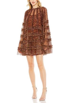 Mac Duggal Floral Print Long Flare Sleeve Mesh A-Line Dress in Brown Multi at Nordstrom, Size 0
