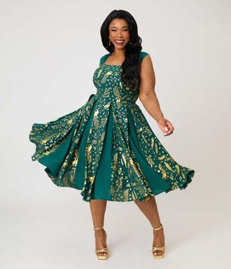 Unique Vintage Plus Size Square Neck Sleeveless Godet Swing Dress in Green Foiled Peacock at Nordstrom, Size 1X