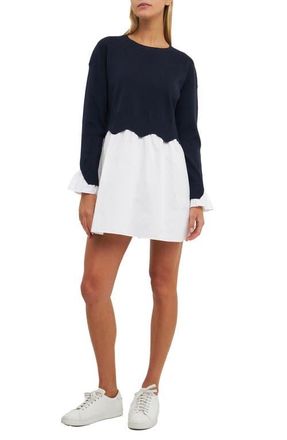 English Factory Long Sleeve Layered Dress in Navy/white at Nordstrom, Size Medium