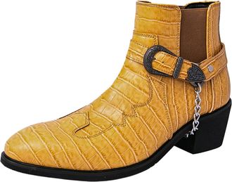 Generic Mens Crocodile Prints Western Cowboy Boots with Side Zipper, Belt Buckle and Metal Chain (Yellow,7.5)