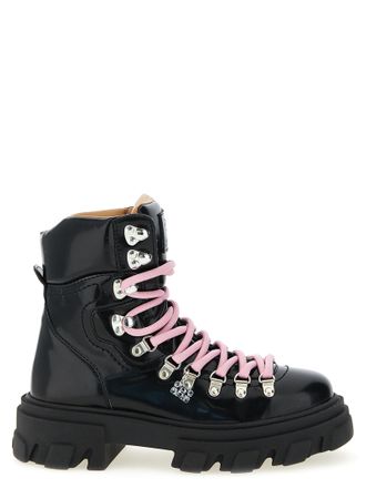 Ganni Black Polyester Lace-Up Womens Boots