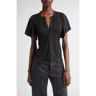 Ramy Brook Colette Mixed Media Flutter Sleeve Top in Black at Nordstrom Rack, Size Xx-Small