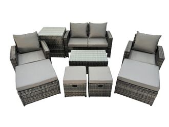 Fimous 8 Seater Wicker PE Rattan Furniture Outdoor 4 Stools Side Table Set in Dark Grey