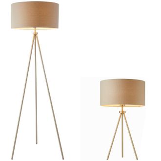 Loops Standing Floor & Table Lamp Set Matt Nickel & Grey Shade Sleek Tripod Leg Light in Metallics