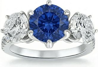 Pompeii3 Certified 6 3/4Ct Blue Sapphire Diamond Ring Three Stone Gold Lab Grown