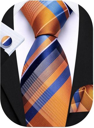 Barry.Wang Mens Orange Blue Tie Silk Tartan Necktie Plaid Pocket Square Cuff Links Sets Wedding Business