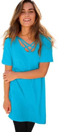 Roaman's Ultimate Lattice Neck Short Sleeve Tunic in Ocean at Nordstrom, Size 16