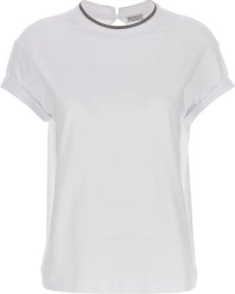 Brunello Cucinelli White Embellished Crew Neck T-Shirt