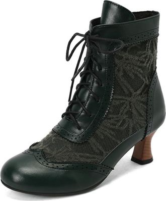 Generic Womens Lace Up Retro Ankle Boots Closed Round Toe Vintage Victorian Booties Mid Kitten Heel Short Boots,Green,10.5 UK