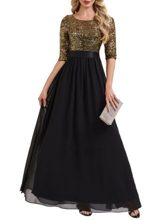 Ever-pretty Womens Sequin Evening Dresses 3/4 Sleeves A Line Chiffon Cocktail Party Long Dress Black Gold 14