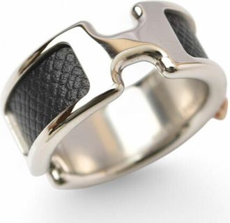 Hermès Black Silver Leather Metal Band Ring (Pre-Owned)