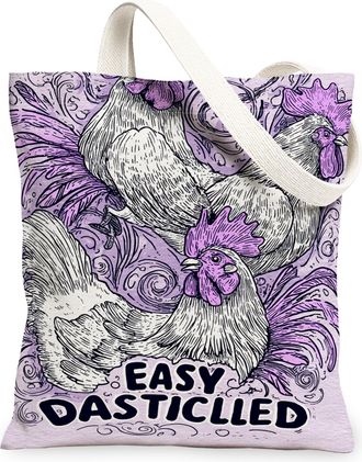 Generic Rooster Canvas Tote Bags, Floral Pattern Reusable Grocery Bags, Spring Vintage Lightweight Washable Shoulder Strap Canvas F, Violet, 13x15 Inch