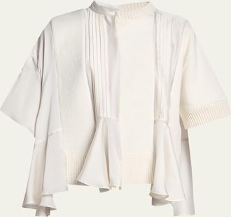 sacai Mixed-Media Cashmere Short-Sleeve Peplum Sweater