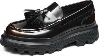 Generic Mens Slip on Platform Loafers Round Toe Patent Leather Office Dress Shoes Low Block Heel Casual Shoes with Tassel,Brown,6.5 UK