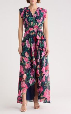 Eliza J Obi Floral Cap Sleeve High-Low Maxi Dress in Navy Multi at Nordstrom Rack, Size 2