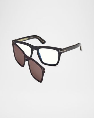 Tom Ford Men & apos;s Icon Square Acetate Blue Block Optical Glasses with Clip-On Sunglasses