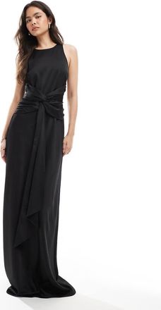 Six Stories Vestito lungo da damigella in raso nero drappeggiato con nodo sul davanti