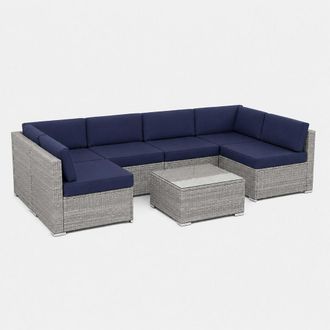Concept Usine Mobiliario modular de jard&iacute;n de 6 plazas en resina tejida gris y azul