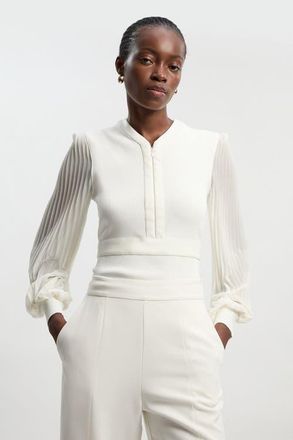 Karen Millen Pleated Sleeve Zip-Neck Top in Ivory at Nordstrom, Size Medium