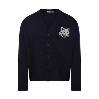 Maison Kitsun&eacute; Fox Head Merino Cardigan - Heren - Truien - Blauw - Maat: L Wol