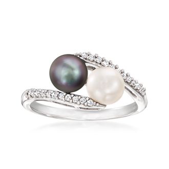 Ross-Simons 6-6.5mm Black and White Cultured Button Pearl and. Diamond Bypass Ring in Sterling Silver
