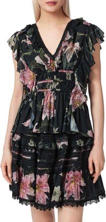 AllSaints Canto Floral Side Tie Tiered Ruffle Trim Top in Crystal Black at Nordstrom, Size 12 Us