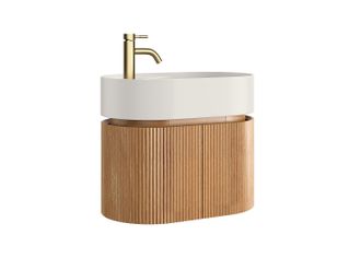 Vente-Unique Mueble de ba&ntilde;o suspendido estriado en madera de fresno con lavabo de resina blanco mate y grifo - Natural claro - 60 x 51 x 37 cm - PROTEA
