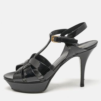 Saint Laurent Tribute Size 38 Black Patent Leather Platform Sandals