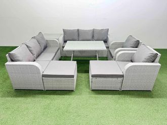 Fimous Rattan High Back Lounge Sofa Set with Reclining Chairs in Light Grey