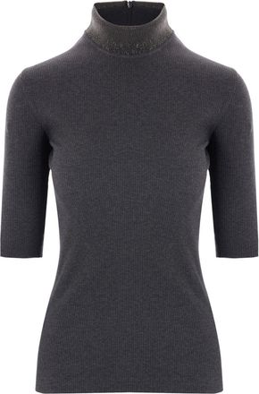 Brunello Cucinelli Monili-detail ribbed top - women - Cotton/Spandex/Elastane - S - Grey