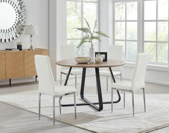 Furniturebox Santorini Brown Wood Contemporary Round Dining Table & 4 Milan Chairs Set in Off-White