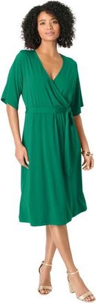 Roaman's Plus Size Short Sleeve Wrap Fit And Flare Dress in Midnight Vine Palms at Nordstrom, Size 32