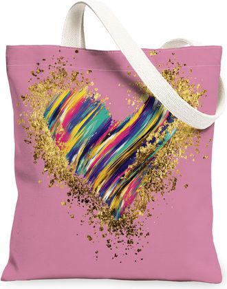 Generic Heart Canvas Tote Bags, Colorful Brush Stroke Design Reusable Grocery Bags, Spring Chic Washable Shoulder Strap Canvas for, Peach, 13x15 Inch