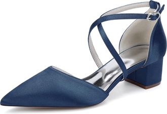 Generic Women Satin Chunky Bridal Shoes Low Wedding Heels Cross Strappy Wedding Evening Dress Shoes Pumps 4.5Cm,Dark Blue,10 UK