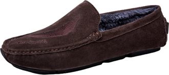 Generic Loafers for Men Genuine Leather Round Toe Leaf Embroidery Perforated Faux Fur Lined Option Lightweight Anti-Slip Flat Heel Flexible Casual Slip-on(Bro