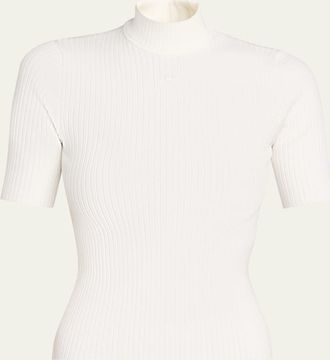 Courr&egrave;ges Mock-Neck Short-Sleeve Rib Pullover