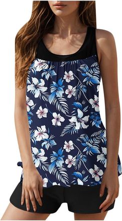 Generic Tankini Sets for Women UK with Shorts 2 Piece Floral Printed Tankini Set Boyleg Swim Trunks High Waist Swimsuits Tummy Control Swimwear Beach Swimming
