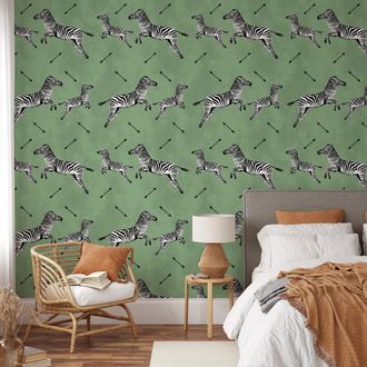 Wallpapers4Beginners Carta Da Parati Verde Adesiva Per Camera Da Letto Con Animali Zebra