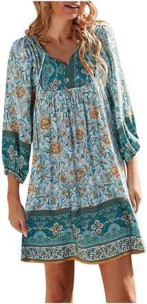 Generic Beach Dresses for Women UK 3/4 Sleeve Boho Sundress Boobtube Sheering Ruched Mini Dress Summer Top Floral Mini Dress Pleated Swing Dress A-Blue