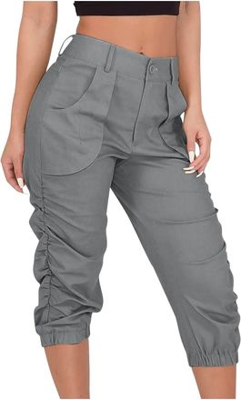 Generic Cargo Trousers 3/4 Womens Summer High Waist Loose Casual Harem Trousers Plain Stretch Ruffle Bermuda Work Trousers Outdoor with Belt Loops Leisure Bus