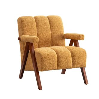 Urban Meuble Sill&oacute;n de tela boucl&eacute; color amarillo con reposabrazos de roble