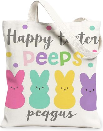 Generic Easter Bunny Canvas Tote Bags, Colorful Rabbit Design Reusable Grocery Bags, Spring Lightweight Washable Shoulder Strap Can, White, 13x15 Inch