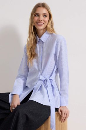 Trendyol Modest Dames Blauw Gestreept Lang Regular fit Modest Overhemden