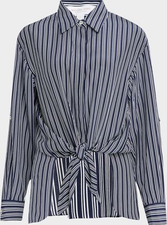 Michael Kors Tie-Front Capri Striped Cree De Chine Shirt