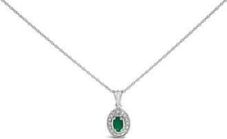 House of Brilliance 14K White Gold Oval Green Emerald and Diamond Halo Pendant Necklace at Nordstrom
