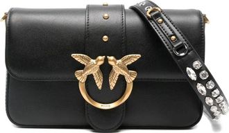 Pinko Structured Black Cow Leather Shoulder Bag With Gold Accents