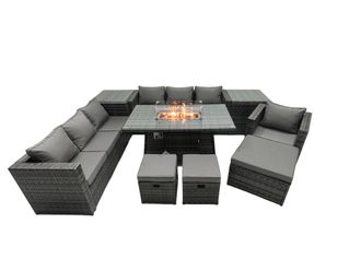 Fimous Rattan Garden Furniture Firepit Dining Set 10 Seater Lounge Sofa Table Set with 2 side table 3 Footstool in Dark Grey