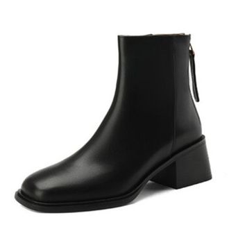 Generic Womens Square Toe Ankle Boots Medium Block Heel Side Zipper Smooth PU Upper Durable Outsole Flexible Fit Easy On Off Comfortable Wear,Black,4.5 UK